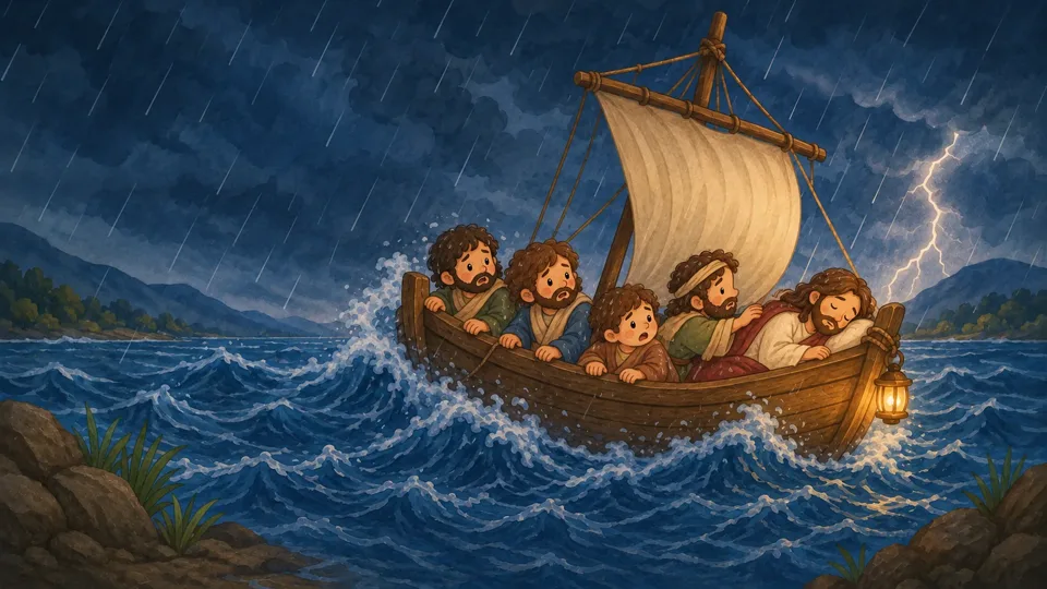 O barco dos discípulos no meio de ondas grandes e vento forte, à noite.