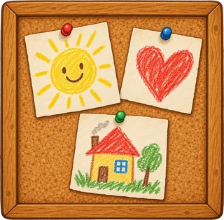 Um mural de obrigado, com desenhos de sol, coração e casinha
