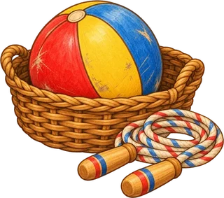 A bola guardada na cesta, com a corda de pular