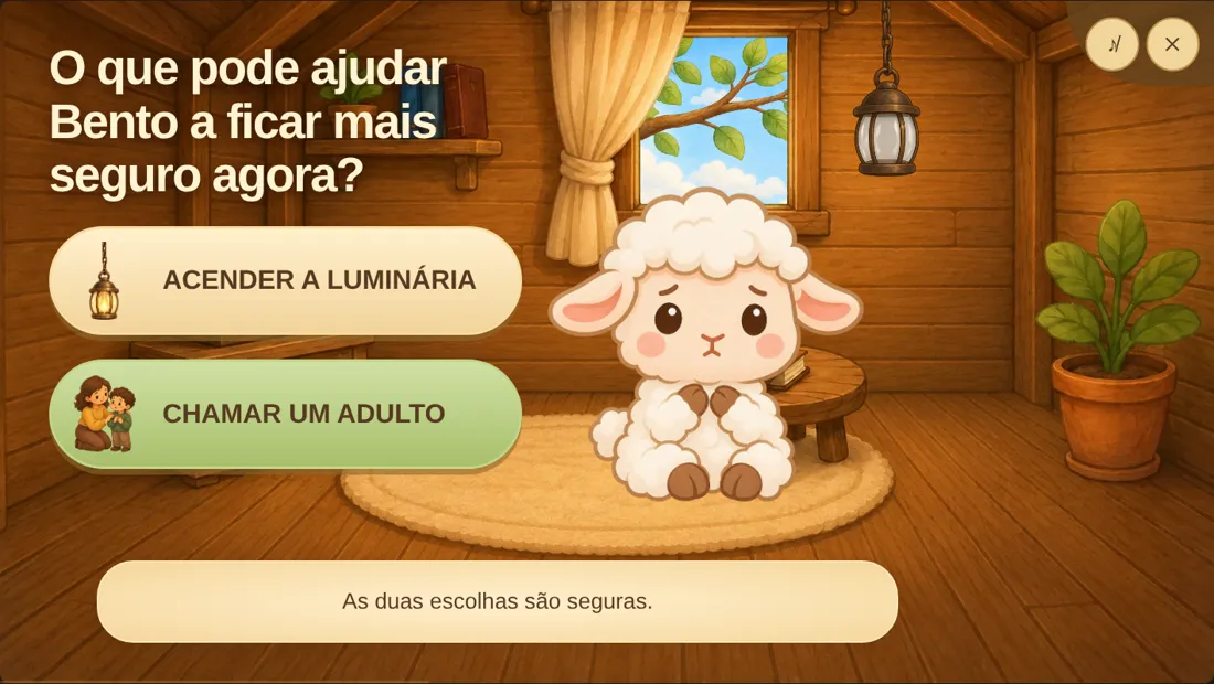 Tela do app: a criança escolhe entre acender a luminária e chamar um adulto.