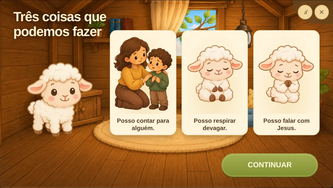 Tela do app: três coisas que dá para fazer: contar para alguém, respirar devagar e falar com Jesus.