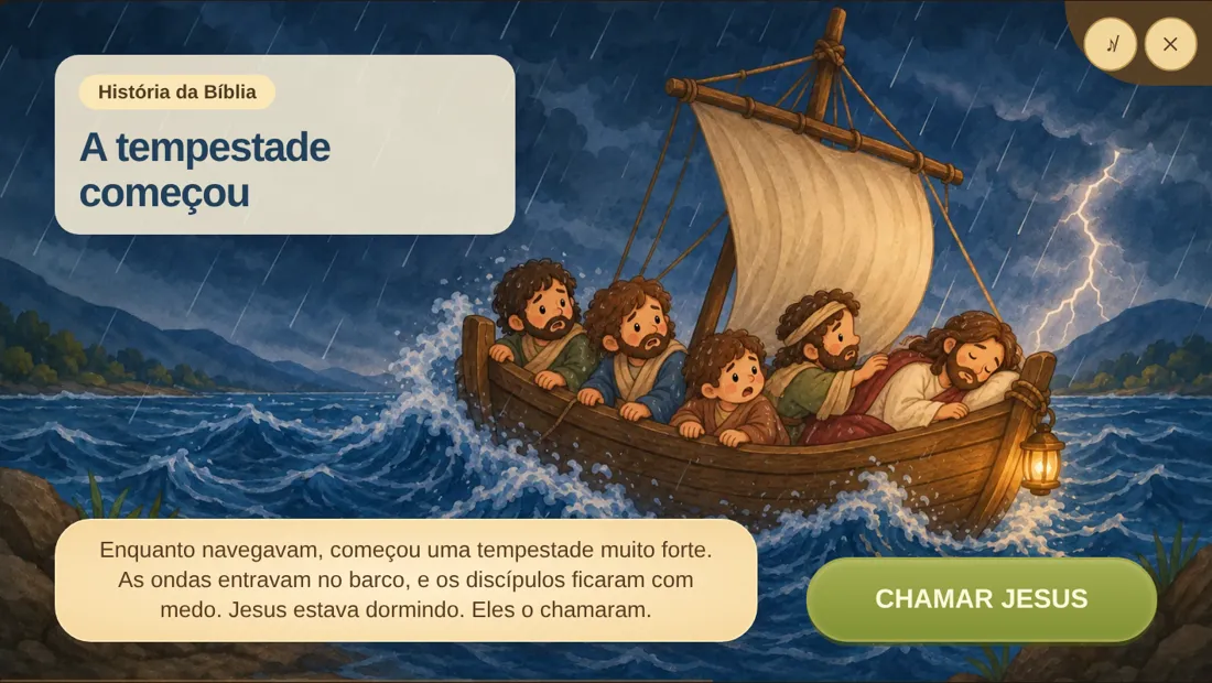 Tela do app: a história da Bíblia, com o barco na tempestade.