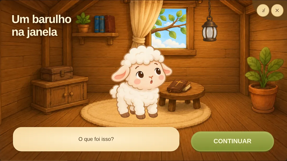 Tela do app: o Bento assustado ouve um barulho na janela.